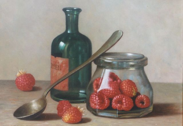 Andreas Gyula Bubarnik | Frambozen in glazen potje, koper, 18,0 x 24,0 cm, gesigneerd r.o.