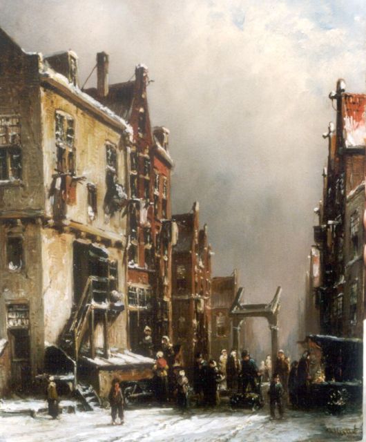Petrus Gerardus Vertin | Winters straatje, olieverf op paneel, 24,0 x 19,9 cm, gesigneerd r.o.