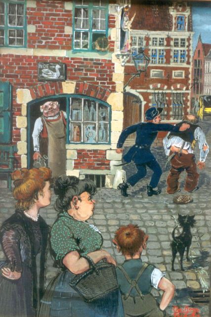 Oscar Hoge | Opgepakt door de politie, aquarel en gouache op board, 42,8 x 29,8 cm, gesigneerd r.o. en gedateerd 28-12-1914
