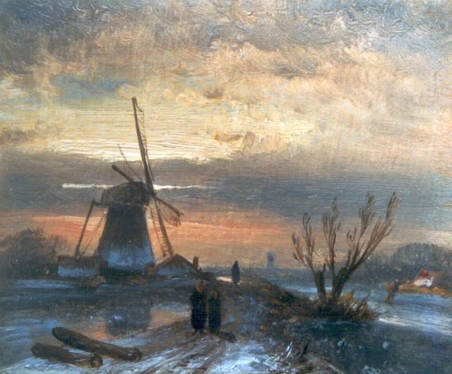Charles Leickert | Molen aan winterse vaart bij avond, olieverf op paneel, 9,2 x 11,0 cm, gesigneerd r.o. met initialen