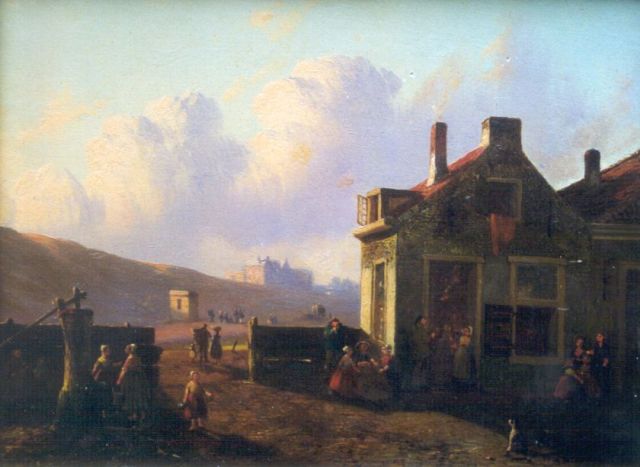Joseph Bles | Vissersvolk in een dorp achter de duinen, olieverf op paneel, 19,2 x 26,4 cm, gesigneerd r.o.