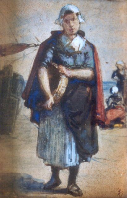 Bernard Blommers | Visverkoopster op het strand, aquarel en gouache op papier, 9,2 x 6,5 cm, gesigneerd r.o. met initialen