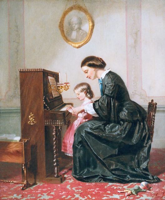 Jozef Hoevenaar | De eerste pianoles, olieverf op paneel, 29,8 x 24,9 cm, gesigneerd met monogram r.o.