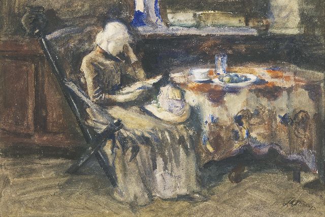 Jan Toorop | Annie Hall, de vrouw van de schilder, lezend, aquarel en gouache op papier, 40,0 x 59,0 cm, gesigneerd r.o.