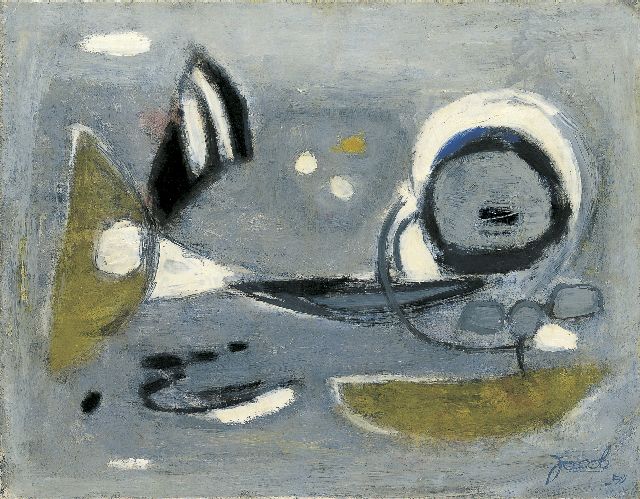 Jaap Nanninga | Stilleven met schalen, olieverf op doek, 35,8 x 45,3 cm, gesigneerd r.o. en gedateerd '50