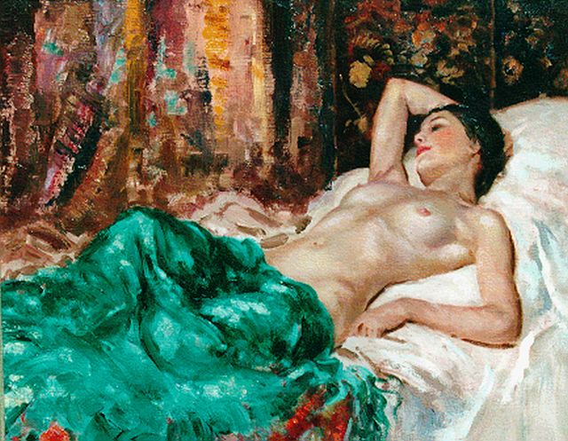 William Ed Bryan | Dromende halfnaakte vrouw, olieverf op doek, 50,5 x 60,6 cm, gesigneerd r.o.