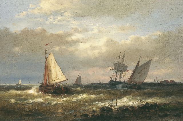 Abraham Hulk | Laverende zeilschepen bij een havenmond, olieverf op doek op paneel, 40,4 x 60,7 cm, gesigneerd r.o.