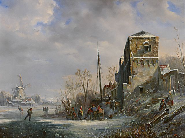 Willem George Wagner | Besneeuwde vaart met schaatsers, olieverf op paneel, 39,3 x 52,4 cm, gesigneerd r.o. en gedateerd 1838