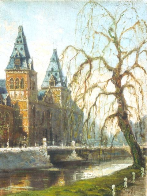 Jan Gerard Smits | Gezicht op het Rijksmuseum, Amsterdam, olieverf op doek, 24,5 x 18,3 cm, gesigneerd r.o.