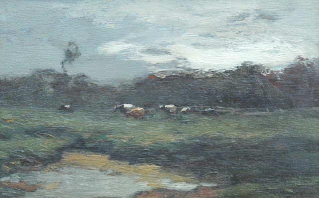 Ype Wenning | Weidelandschap met vee, olieverf op paneel, 13,9 x 21,2 cm, gesigneerd r.o.