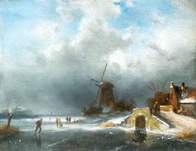 Charles Leickert | IJspret bij een molen, olieverf op paneel, 17,5 x 22,3 cm, gesigneerd r.o.