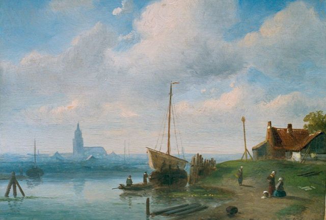 Charles Leickert | Wasvrouwen en afgemeerd schip aan een rivieroever, olieverf op paneel, 18,2 x 22,5 cm, gesigneerd r.o.