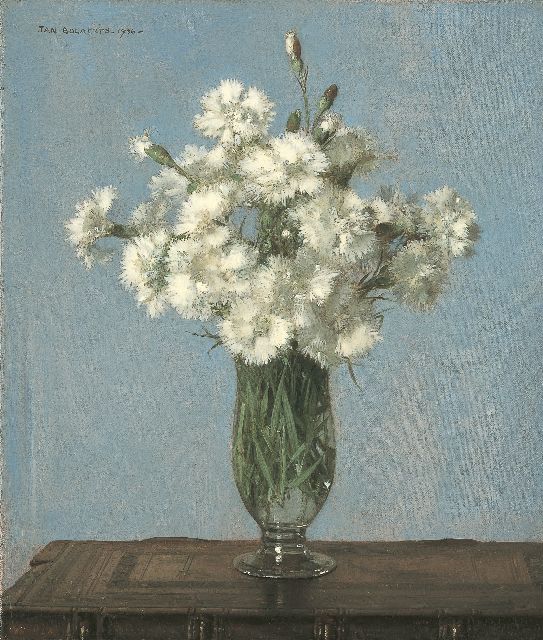 Jan Bogaerts | Anjers in glazen vaas, olieverf op doek, 35,2 x 30,2 cm, gesigneerd l.b. en gedateerd 1936