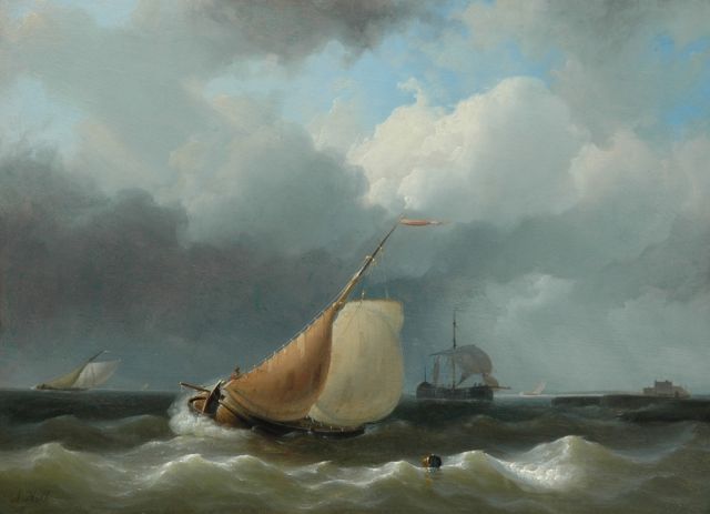 Abraham Hulk | Aan de wind zeilende platbodem bij een havenhoofd, olieverf op paneel, 29,7 x 40,7 cm, gesigneerd l.o.