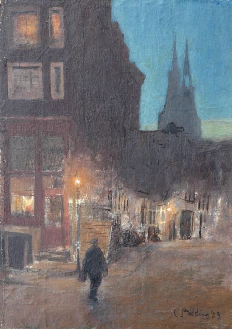 Cees Bolding | Amsterdamse straat bij avond, olieverf op doek op paneel op multiplex, 47,6 x 35,0 cm, gesigneerd r.o. en gedateerd '23