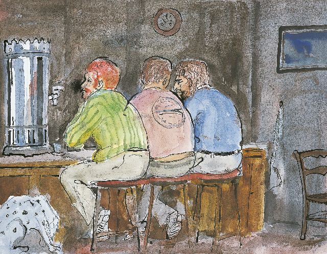 Harm Kamerlingh Onnes | Aan de bar, Oost-Indische inkt en aquarel op papier, 23,5 x 31,0 cm, gesigneerd r.o. met monogram en gedateerd '80