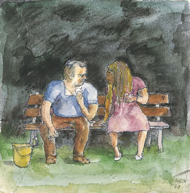 Harm Kamerlingh Onnes | Gesprek met ijsje, pen, inkt, krijt en aquarel op papier, 20,5 x 20,5 cm, gesigneerd r.o. met monogram en gedateerd '80
