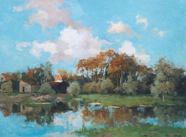 Adriaan Miolée | Huisjes aan het water, olieverf op schildersboard, 32,1 x 43,9 cm, gesigneerd r.o.