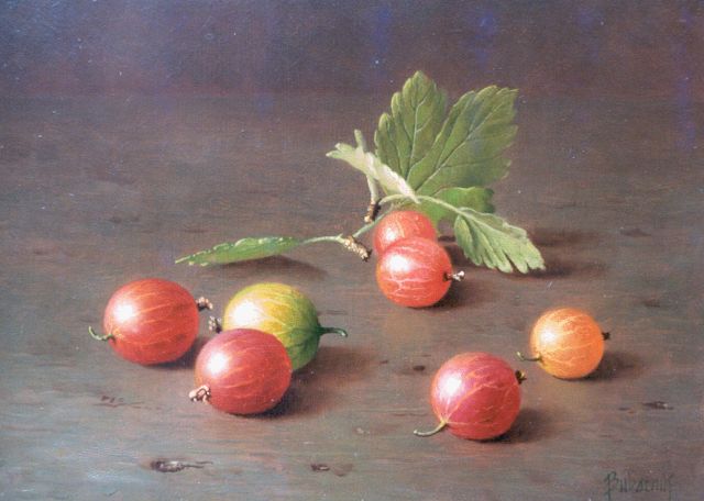 Andreas Gyula Bubarnik | Stilleven van kruisbessen, olieverf op paneel, 13,0 x 18,0 cm, gesigneerd r.o.