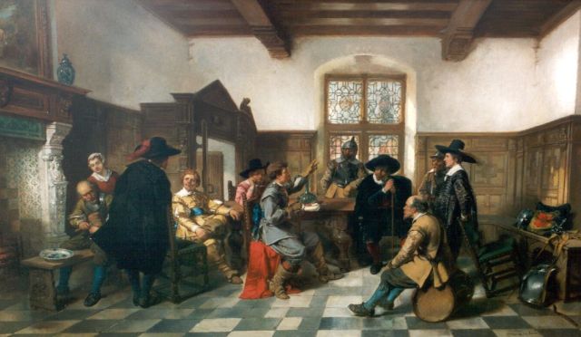 Herman ten Kate | Verhalen vertellen in de herberg, olieverf op paneel, 65,5 x 110,3 cm, gesigneerd r.o.