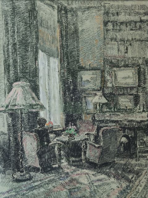 Noltee B.C.  | Hoekje bij het raam; woonkamer van de familie Noltee, krijt op papier 65,0 x 50,0 cm, gesigneerd r.o.