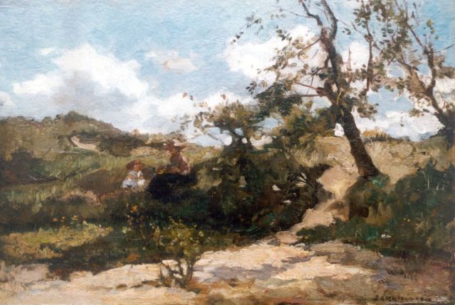 Johannes Evert Akkeringa | Septemberdag in 't duin, olieverf op doek op paneel, 28,4 x 41,5 cm, gesigneerd r.o.