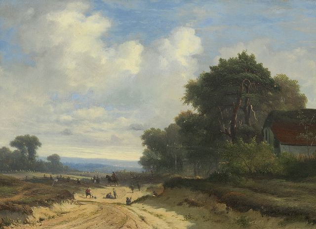 Coenraad Alexander Weerts | Infanteristen op een zandpad bij een boerenhoeve, olieverf op paneel, 28,5 x 39,3 cm, gesigneerd met resten van signatuur r.o.