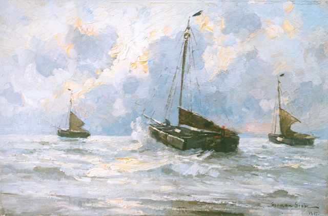 German Grobe | Uitvarende bommen bij Katwijk, olieverf op paneel, 31,9 x 48,0 cm, gesigneerd r.o. en gedateerd 1897