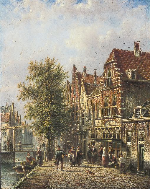Johannes Franciscus Spohler | Hollands grachtje met figuren, olieverf op paneel, 20,5 x 15,9 cm, gesigneerd r.o.