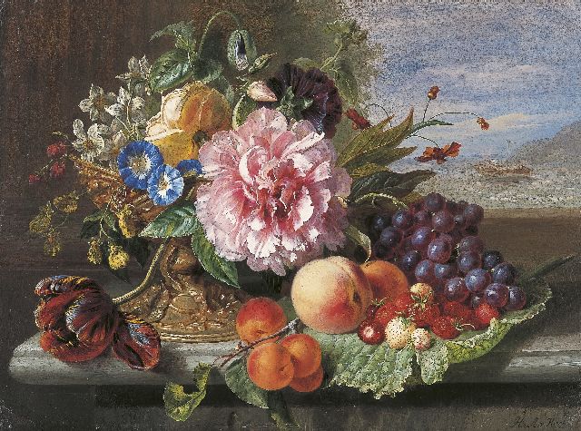 Hélène Hamburger | Stilleven van bloemen, fruit en koperen tazza, olieverf op paneel, 44,1 x 60,4 cm, gesigneerd r.o. met initialen en gedateerd 1862