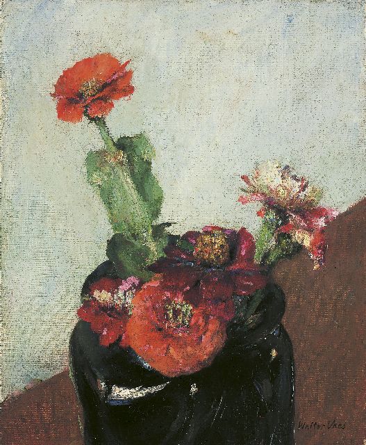 Walter Vaes | Vaas met zinnia's, olieverf op doek, 27,0 x 22,1 cm, gesigneerd r.o.