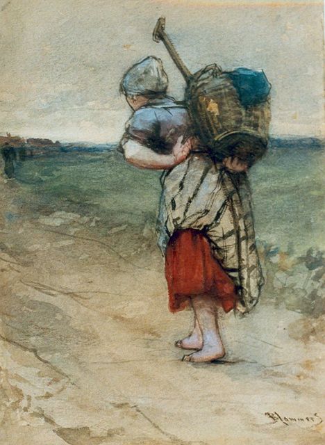 Bernard Blommers | Op weg naar huis, aquarel op papier, 17,4 x 13,0 cm, gesigneerd r.o.