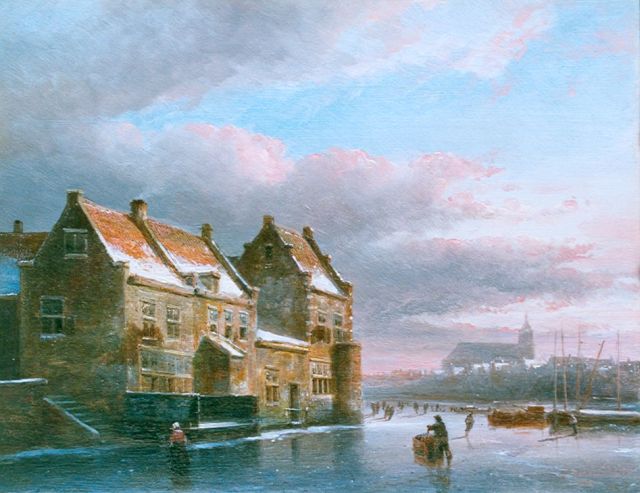 Kasparus Karsen | Schaatsers op een bevroren vaart bij zonsondergang, olieverf op paneel, 21,0 x 26,9 cm, gesigneerd l.o. en gedateerd 1880