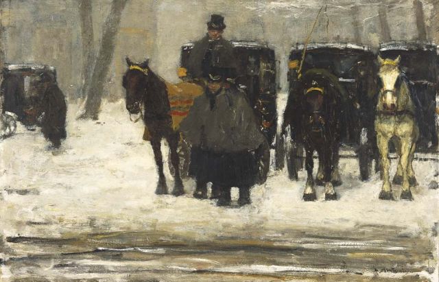 Floris Arntzenius | Huurkoetsen in de sneeuw, olieverf op paneel, 38,7 x 59,4 cm, gesigneerd r.o. en te dateren ca. 1895