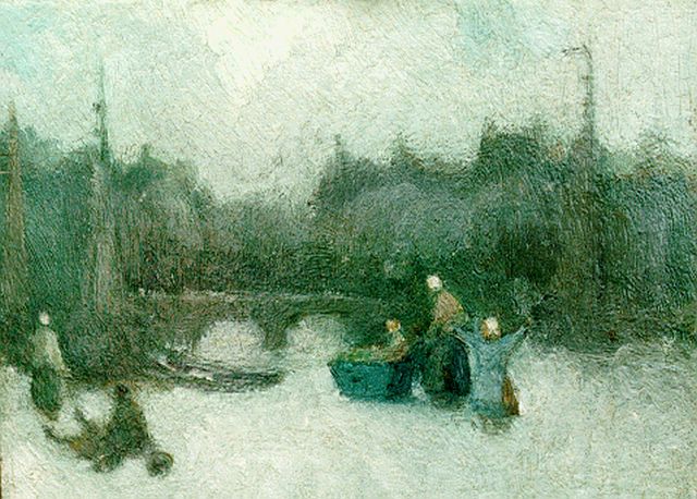 Henri van Daalhoff | IJsvertier op bevroren gracht, olieverf op paneel, 13,0 x 18,0 cm, gesigneerd r.o.