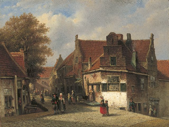 Petrus Gerardus Vertin | Dorpsstraatje met figuren en een vrouw in Markens kostuum, olieverf op paneel, 31,2 x 41,2 cm, gesigneerd l.o. en gedateerd '51