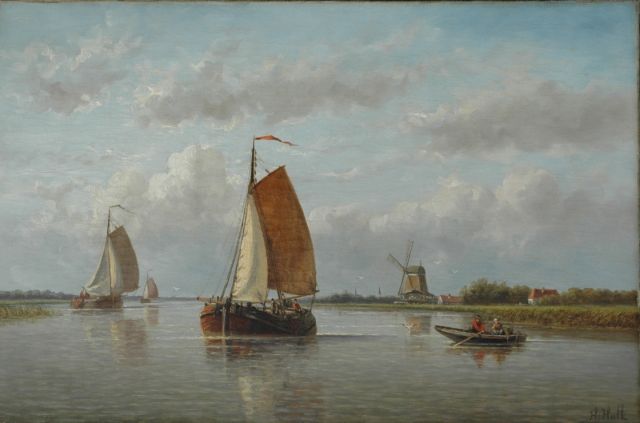 Hulk H.  | Platbodems in een riviermonding, olieverf op doek 44,5 x 67,3 cm, gesigneerd r.o.
