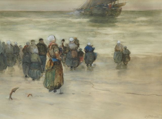 Charles Paul Gruppe | Het uitvaren van een vissersschuit, aquarel op papier, 43,0 x 57,5 cm, gesigneerd r.o.