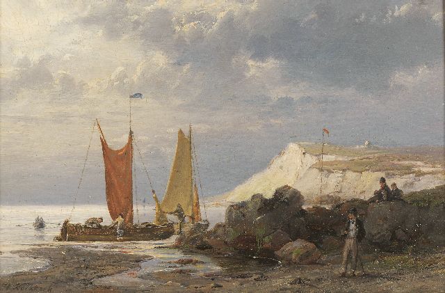 Hermanus Koekkoek | Afgemeerde vissersboten bij een rotskust, olieverf op paneel, 12,9 x 19,3 cm, gesigneerd l.o.