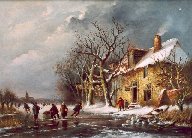 Louis Sierich | Rivierlandschap met schaatsers bij een herberg, olieverf op doek, 45,3 x 63,0 cm, gesigneerd l.o.