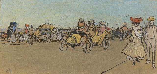Willy Sluiter | Flaneren op de Scheveningse boulevard, pen, inkt en krijt op papier, 12,0 x 24,5 cm, gesigneerd l.o. met initialen
