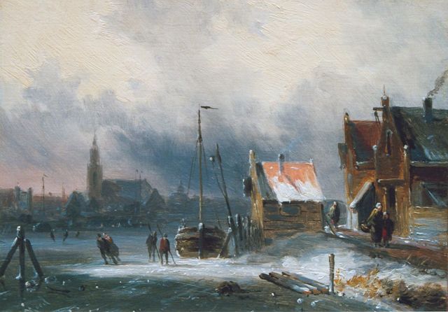 Jan Evert Morel II | Schaatsers op bevroren rivier (pendant van 8517), olieverf op paneel, 15,8 x 21,6 cm, gesigneerd l.o.