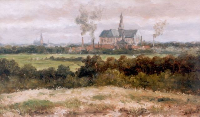 Hendrik Hulk | Gezicht op Haarlem's eerste industrie, olieverf op doek op paneel, 12,9 x 20,8 cm, gesigneerd r.o.