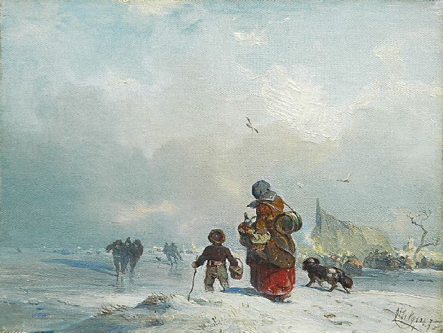 Carl Hilgers | Aankomst bij het ijsvermaak, olieverf op doek, 21,5 x 28,2 cm, gesigneerd r.o. en gedateerd '7… ('73?)