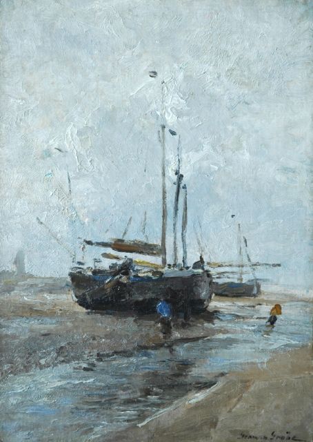 German Grobe | Bomschuiten op het strand, olieverf op doek op schildersboard, 47,3 x 34,0 cm, gesigneerd r.o.