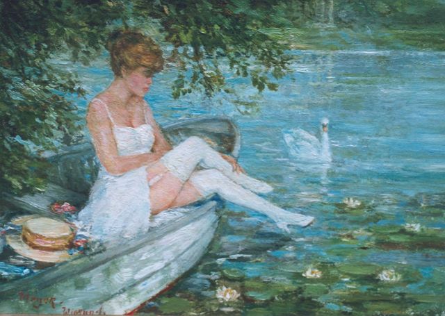 Rolf Dieter Meyer-Wiegand | Idyllisch tafereeltje op een parkvijver, olieverf op paneel, 14,1 x 18,1 cm, gesigneerd l.o.