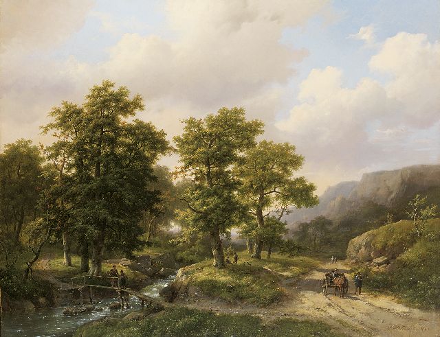 Marinus Adrianus Koekkoek I & Hermanus Koekkoek sr. | Bosrijk berglandschap met een paardenkar en wandelaars bij een beek, olieverf op doek, 61,8 x 79,9 cm, gesigneerd r.o. en gedateerd 1862