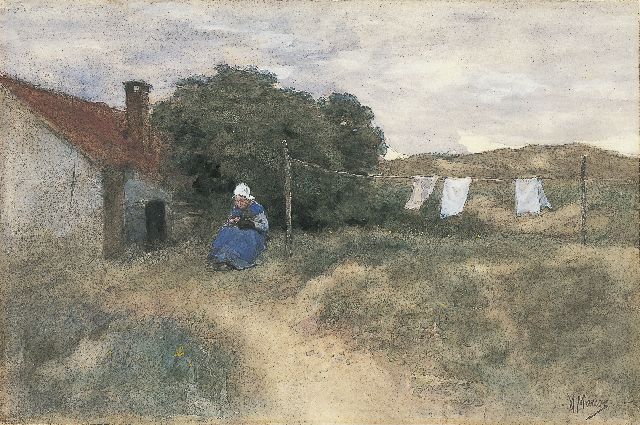 Anton Mauve | Zittende vrouw bij waslijn in de duinen, aquarel op papier, 22,6 x 34,5 cm, gesigneerd r.o.