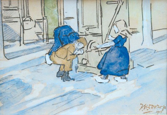 Jan Toorop | Kinderen bij een pomp, zwart krijt en aquarel op papier, 11,3 x 15,8 cm, gesigneerd r.o. en gedateerd 1903