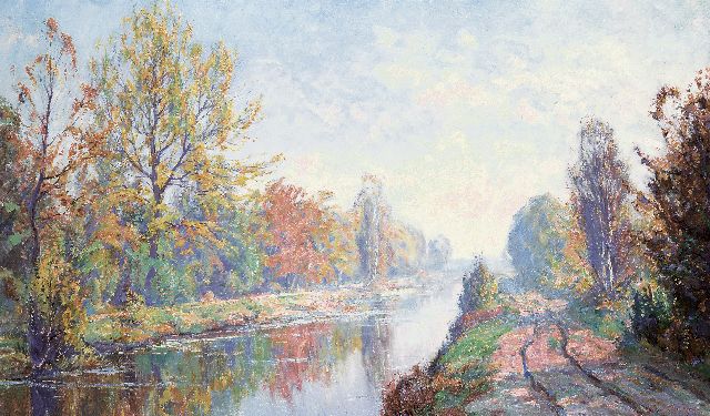 Meijer J.  | Herfstmorgen aan de Gooiersgracht bij Laren, olieverf op doek 60,0 x 100,0 cm, gesigneerd r.o.